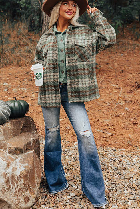 Plaid Print Chest Pockets Turn Down Collar Shacket